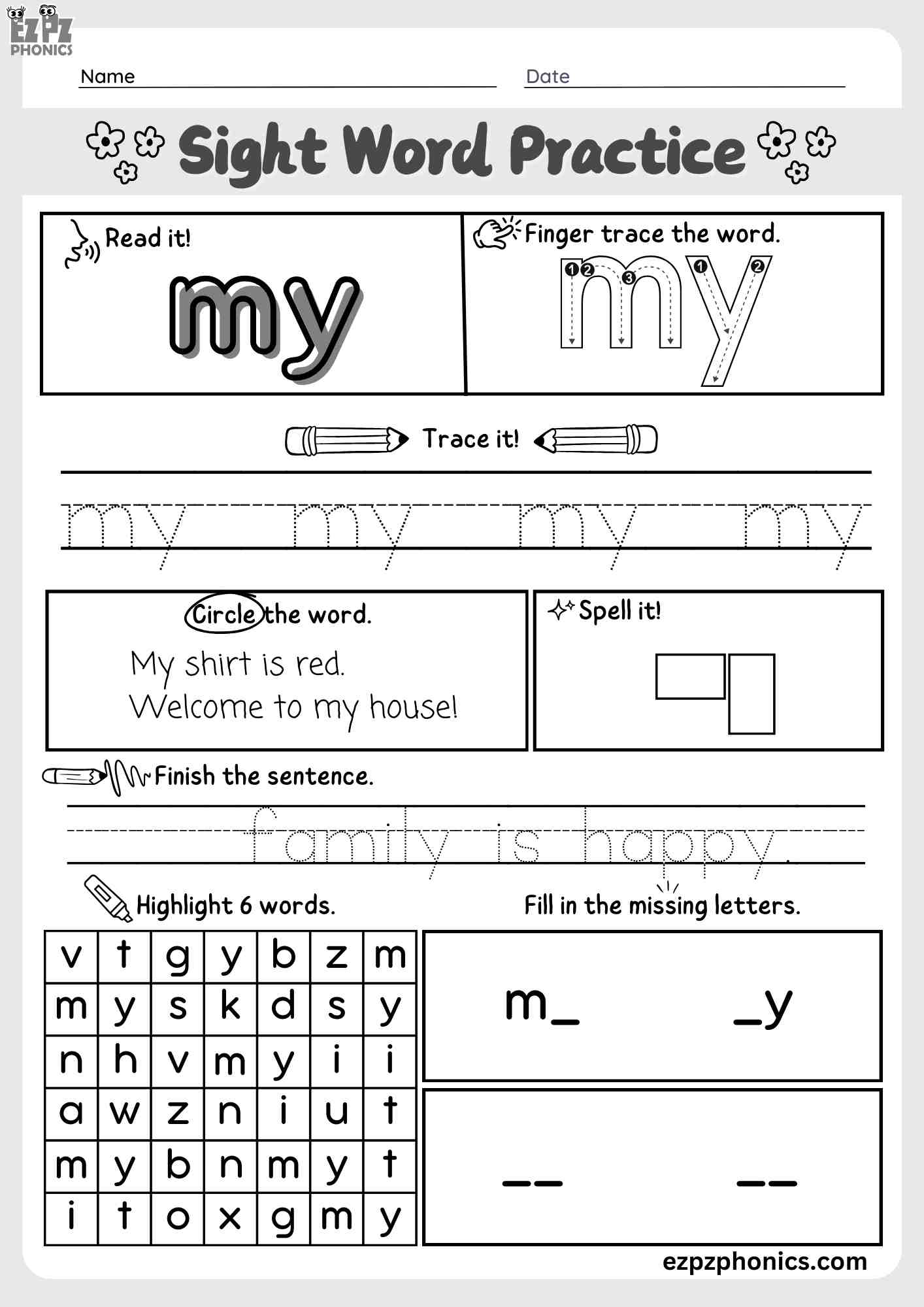 "My" Dolch Sight Word Worksheet – Fun Activity for Early Readers